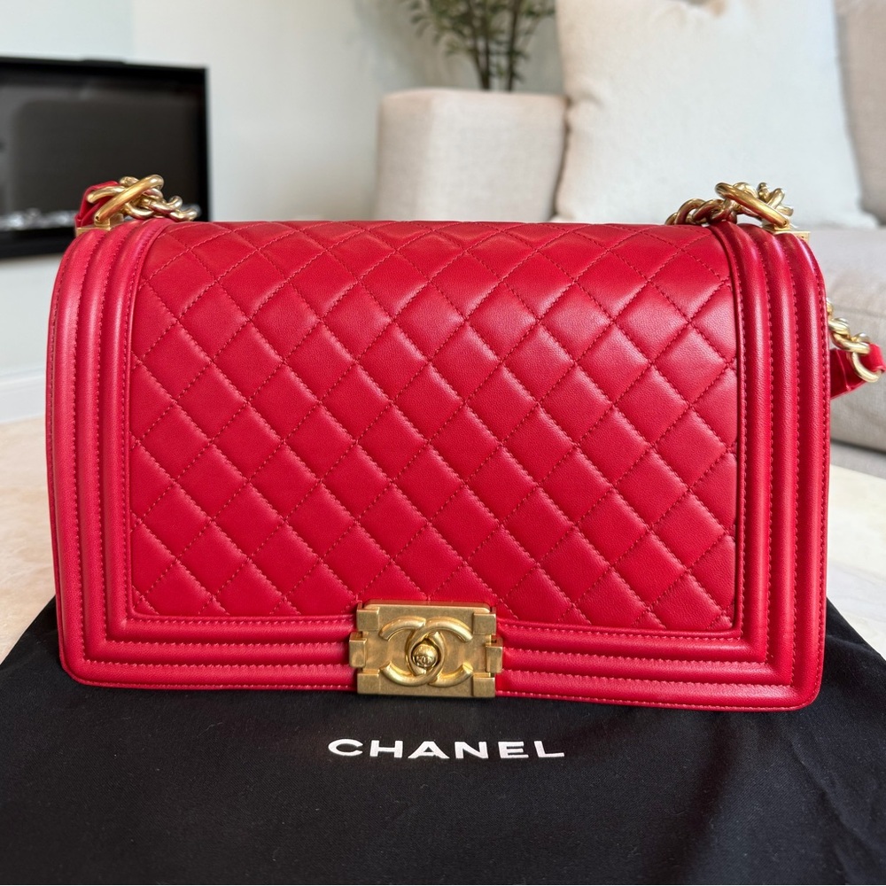 Chanel Red Large Boy Handbag (Calfskin & Gold-Tone Metal)